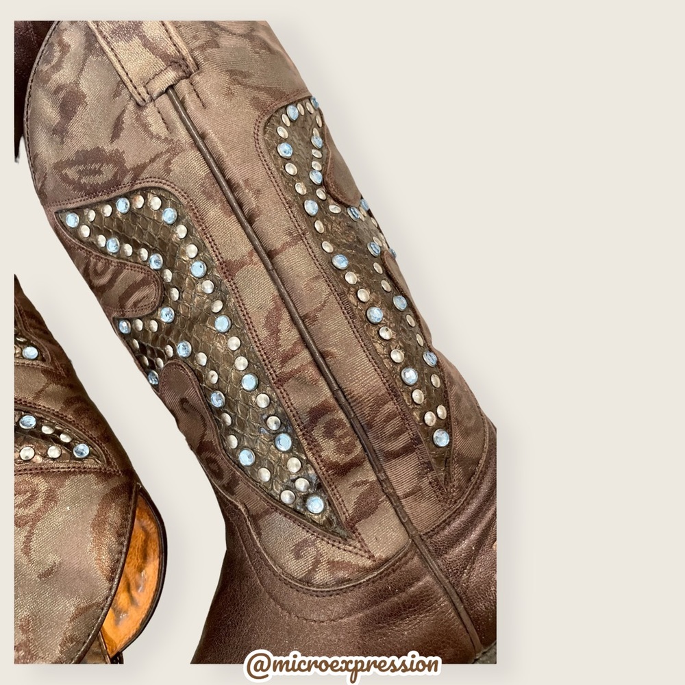 $429 Frye Daisy Duke Floral Metallic Brown Tan Rhinestone Pull On Cowboy Boot - Picture 11 of 16